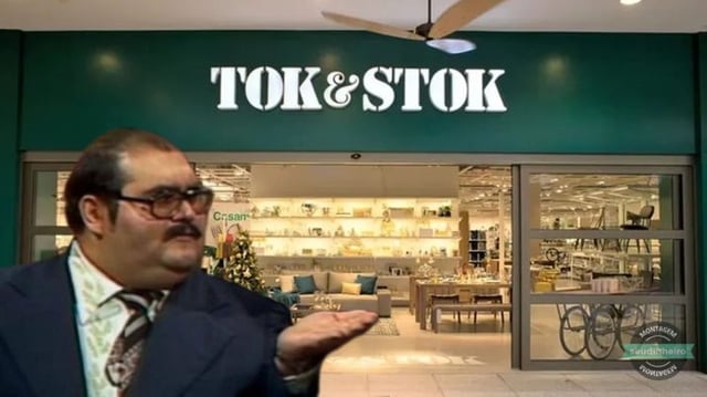 Montagem com o Senhor Barriga, personagem do Chaves, cobrando o aluguel de uma loja da Tok&Stok