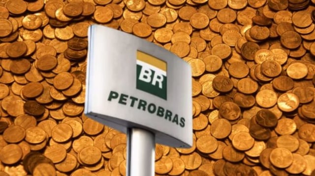 Montagem com o logo da Petrobras e moedas representando os dividendos da estatal