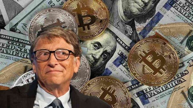 Bill Gates na frente de notas de dinheiro e criptomoedas