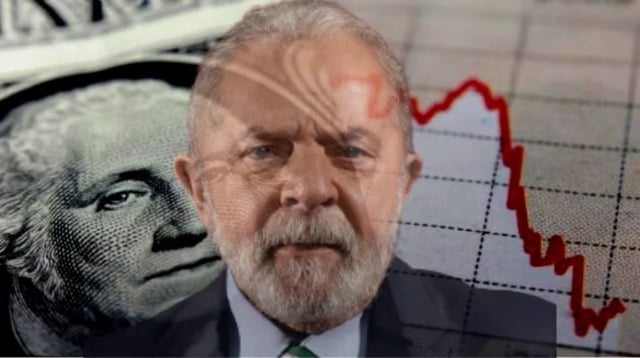 Montagem com o presidente Lula sobre uma nota de dólar