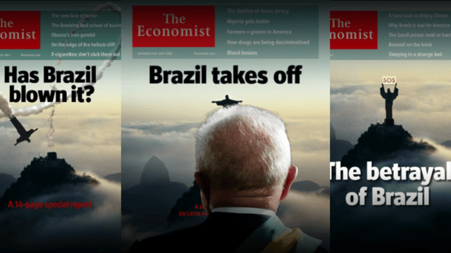 Capas do The Economist com o presidente Lula à frente, fazendo referência ao Brasil decolando, capa clássica da revista