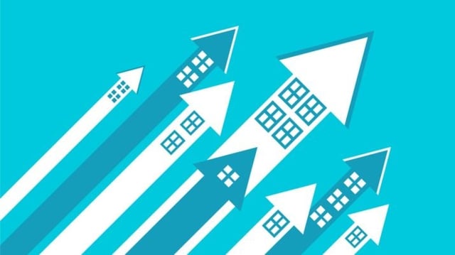 Setas em formato de casas representando o desempenho de fundos imobiliários na bolsa