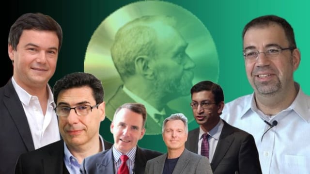 Possíveis ganhadores do prêmio Nobel da economia. Da esquerda para a direita: Thomas Piketty, Philippe Aghion, Edward Glaeser, John List, Raj Chetty e Daron Acemoglu. Ao fundo, moeda nobel. Fundo em degradê preto e verde.