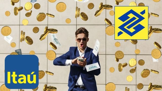 Montagem mostra um homem jogando dinheiro com os logos do Banco do Brasil e Itaú representando os dividendos pagos pelos bancos