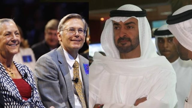 Alice and Jim Walton à esquerda e Sheikh Mohammed bin Zayed Al Nahyan à direita