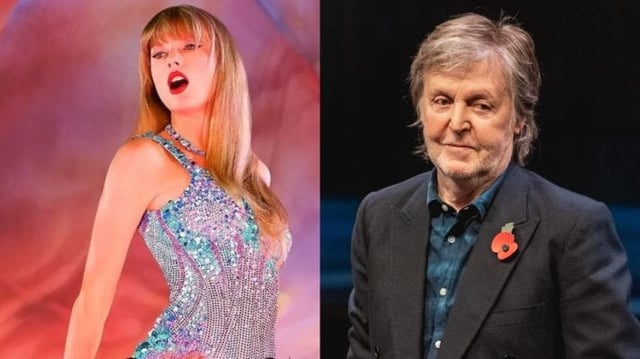 Montagem com as fotos dos cantores Paul McCartney e Taylor Swift