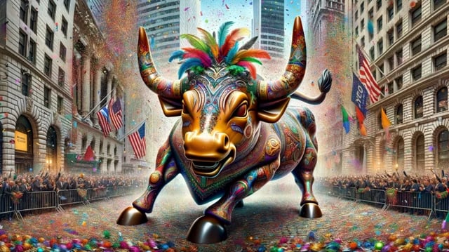 Wall Street Touro S&P 500 Nasdaq Dow Jones EUA bolsa carnaval