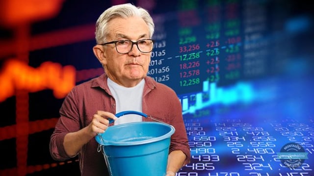 Montagem de homem de cabelos brancos, camiseta branca e uma camisa marrom segurando um balde azul com água e um fundo gráfico do mercado de ações