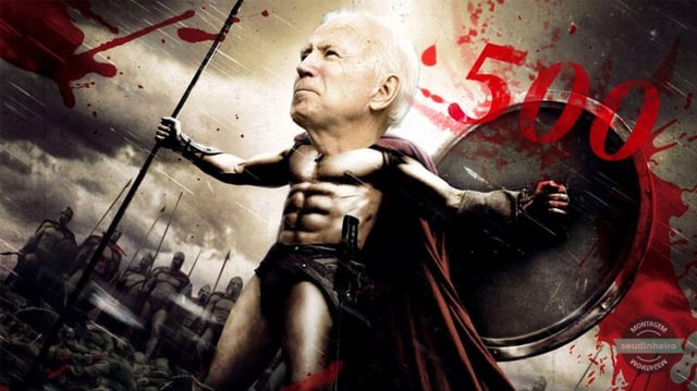 Montagem com o corpo de um guerreiro de Esparta, do filme 300, e a cabeça do presidente dos EUA, Joe Biden, com o número 500 ao fundo