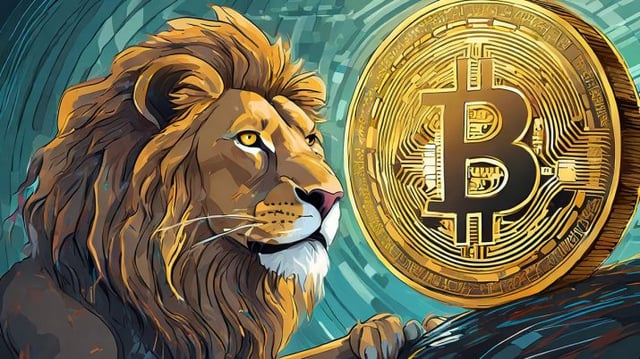 Leão (Receita Federal) olhando para o bitcoin - imagem gerada por inteligência artificial (IA)