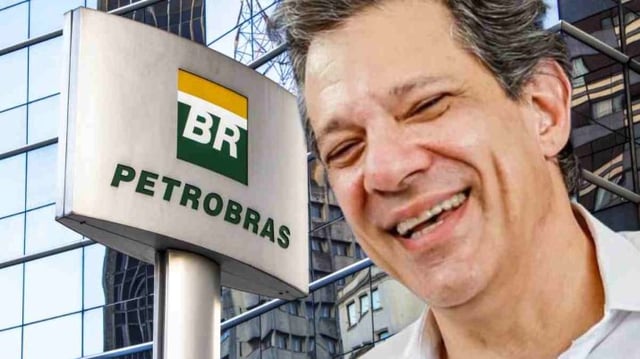 Fernando Haddad, ministro da Fazenda, com a Petrobras (PETR3/PETR4) ao fundo