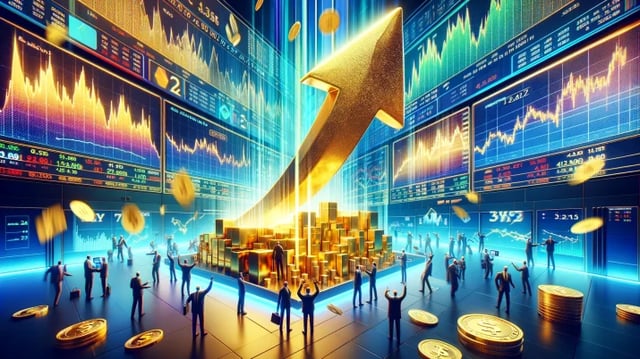 Cenário de bolsa de valores, com gráficos, operadores e uma plataforma cheia de barras de ouro, com uma seta dourada apontando para cima