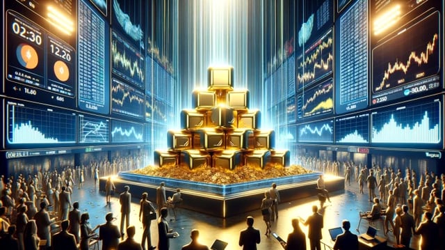 Cenário da bolsa de valores, com operadores olhando para uma pilha de ouro no centro, com um facho de luz iluminando o ouro