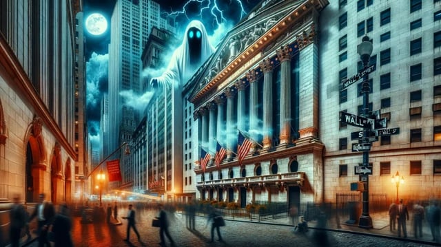 Imagem de Wall Street assombrada por um fantasma. Pessoas correm pelas rua escura em meio ao caos.