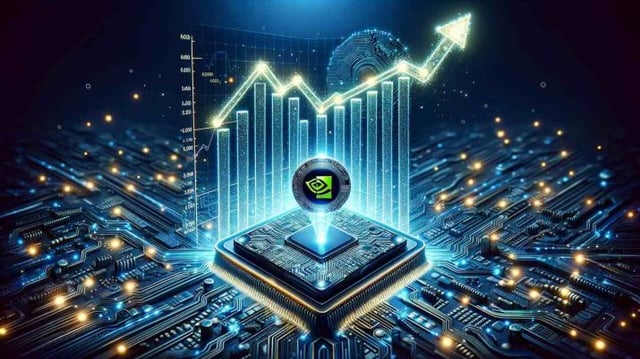 Imagem feita com inteligência artificial traz o logo da Nvidia ao centro com elementos que fazem referência a investimentos ao redor