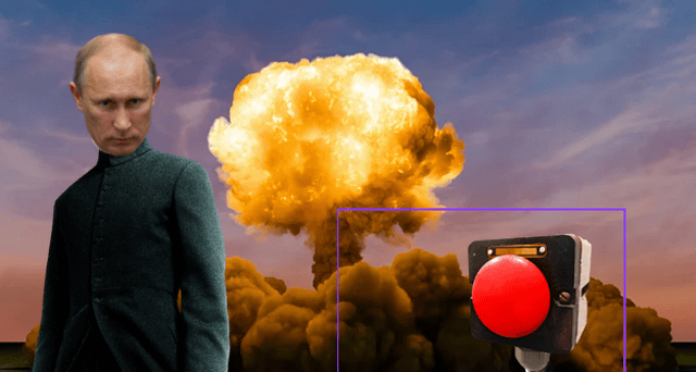 Montagem de um homem com blazer cinza e a cabeça de Putin, com um botão vermelho ao lado e uma explosão ao fundo