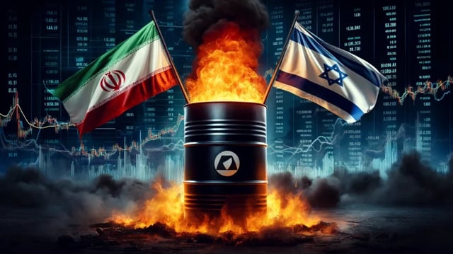 Imagem gerada por inteligência artificial traz um gráfico de bolsas ao fundo, um barril de petróleo pegando fogo ao centro, com as bandeiras de Irã e Israel de cada lado