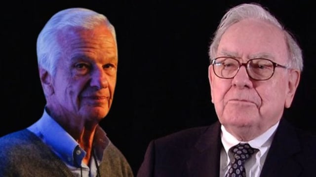 Montagem com fundo preto, tendo de um lado Jorge Paulo Lemann, que veste camisa azul e malha cinza, e, do outro, Warren Buffett, que veste termo e gravata preto e camisa branca