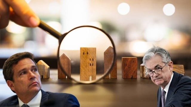 Montagem com miniaturas de prédios e casas em madeira, representando os fundos imobiliários, uma lupa e os presidentes dos bancos centrais brasileiros e norte-americano