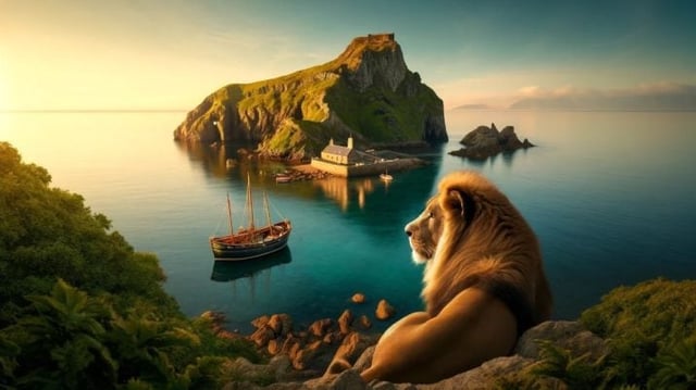 Leão observa do litoral uma ilha com um porto e navios