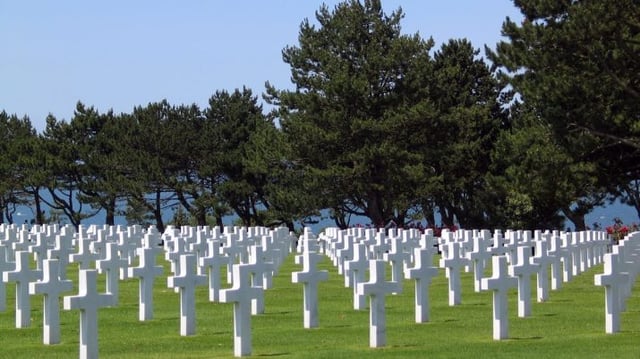 Fotografia de um cemitério mostrando um gramado repleto de cruzes brancas
