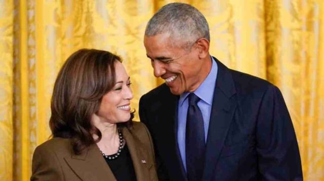 Barack Obama, ex-presidente dos Estados Unidos, e Kamala Harris, candidata democrata à eleição nos EUA