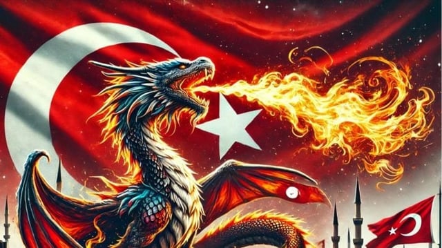 Dragão da inflação em frente à bandeira da Turquia