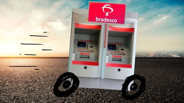 Montagem com caixa eletrônico do Bradesco "acelerando" BBDC4