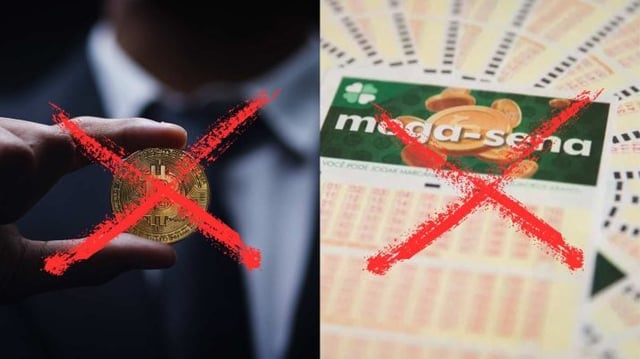 Bitcoin ao lado de um bilhete da Mega-Sena