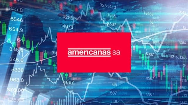 Logo da Lojas Americanas com gráfico de cotação de ações no fundo