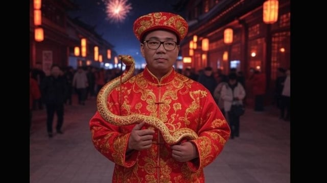 Chinês vestido de vermelho e dourado segura uma cobra de metal nas mesmas cores em representação ao ano da serpente