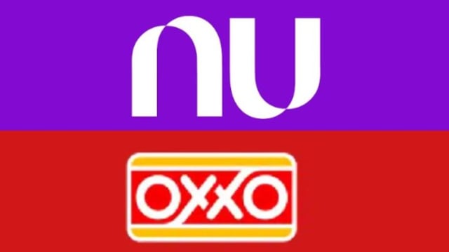 Logo do Nubank em roxo e a marca em branco a metade superior da imagem. Logo da Oxxo em amarelo e vermelho na metade inferior da imagem.