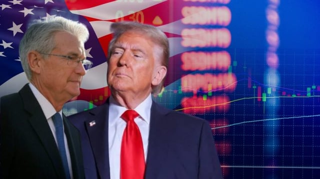 O presidente do Federal Reserve (Fed), Jerome Powell, ao lado do presidente dos EUA, Donald Trump.