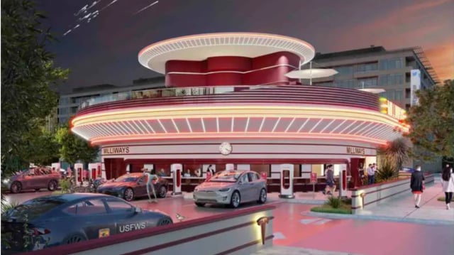 Projeto do restaurante retro futurista da Tesla em Los Angeles