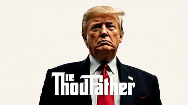 Imagem criada por inteligência artificial mostra Donald Trump de terno azul escuro, camisa branca e gravata vermelha com "The Godfather" escrito em branco em primeiro plano