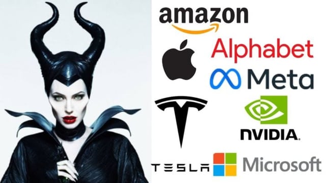 Montagem traz a personagem Malévola (Angelina Jolie) do lado esquerdo e o logo de Amazon, Alphabet, Apple, Meta, Nvidia, Tesla e Microsoft no canto direito