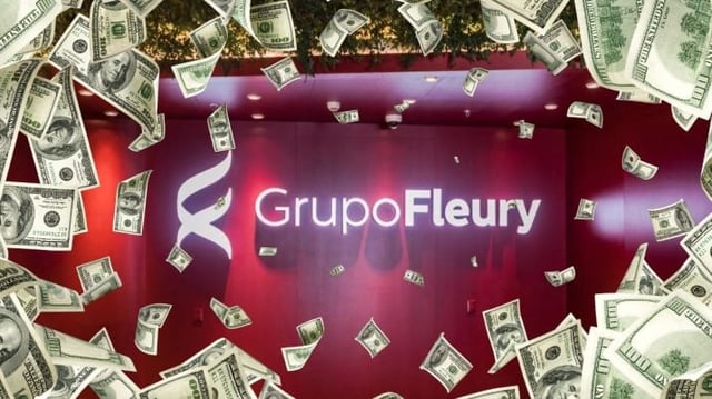 Logo do Grupo Fleury em montagem com notas de dólares caindo aos montes