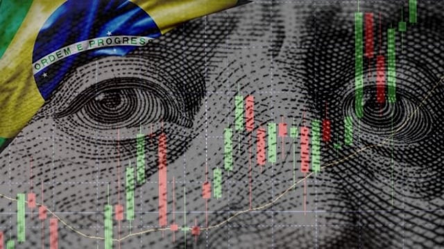 Dólar diante de uma bandeira do Brasil e um gráfico da bolsa de valores