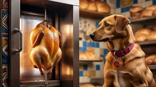 Cachorro admirando frango assando na porta da rotisserie.