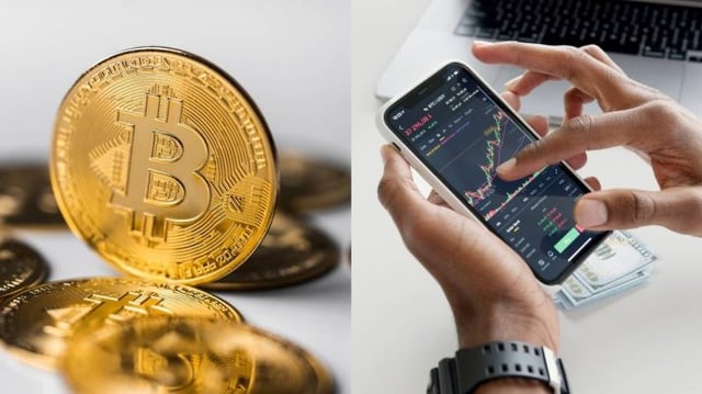 Celular ao lado de criptomoedas (bitcoin)