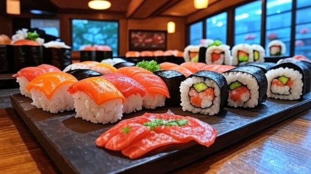 Um combinado com sushis, niguiris e uramakis.