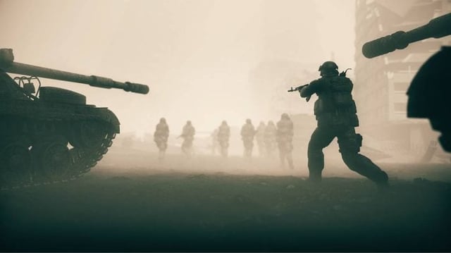 Imagem desfoacda de tanques de guerra e soldados armados em um campo de batalha