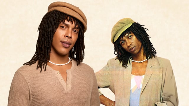 Raphael Elias como Djavan e o cantor em um pôster da revista Amiga, de 1984