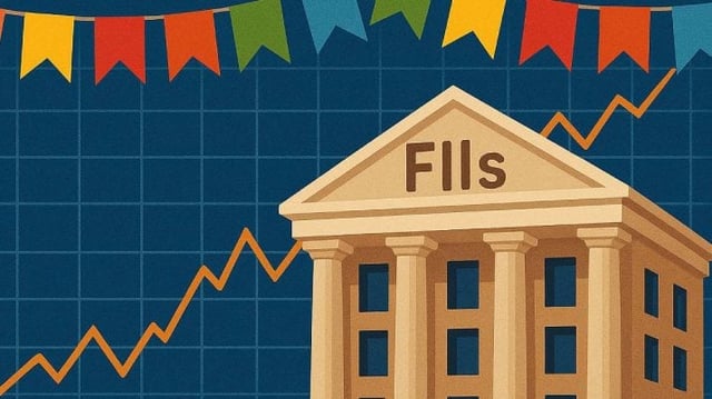 Imagem criada por inteligência artificial mostra um gráfico de bolsa com fundo azul, um prédio trazendo "FIIs" escrito e bandeirinhas de festa junina no topo da imagem
