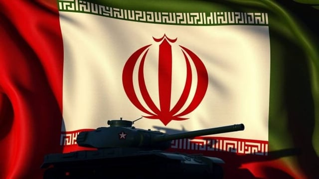 Imagem criada por inteligência artificial mostra a bandeira do Irã ao fundo com a sombra de um tanque de guerra em primeiro plano