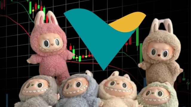 Montagem traz um gráfico de bolsa de valores ao fundo, com imagens dos labubus e o símbolo da vale ao centro