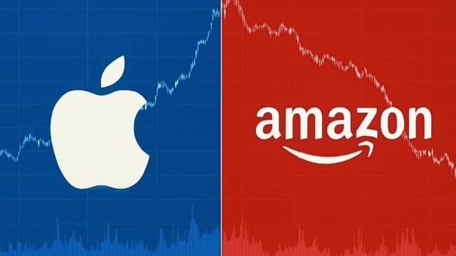 Imagem dividida ao meio traz o logo da Apple com um fundo de gráfico de ações azul (lado esquerdo) e um fundo de gráfico vermelho com o logo a Amazon (lado direito)
