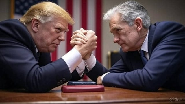Imagem criada por inteligência artificial mostra Donald Trump e Jerome Powell disputando uma queda de braço. Os dois estão com os braços apoiados em uma mesa. Ao fundo, a bandeira dos EUA.