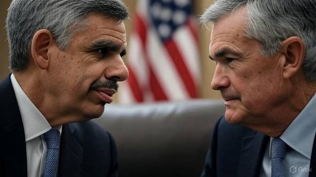 O economista Mohamed El-Erian está frente a frente com Jerome Powell, presidente do Fed. Ao fundo, a bandeira dos EUA.
