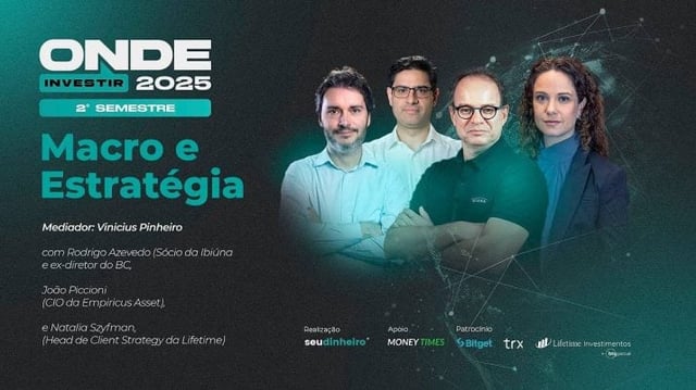 Imagem em fundo verde e preto com dois homens de braços cruzados e uma mulher ao fundo, com os dizeres: Onde Investir no Segundo Semestre de 2025 - Macro e estratégia